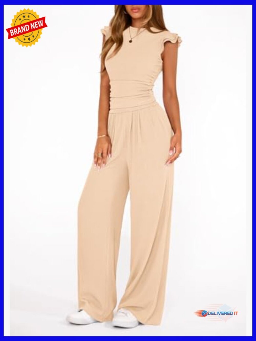 Two Piece Sets Women Dressy Cap Sleeve Ruffle Top Wide Leg Pants Matching Set - Picture 4 of 7